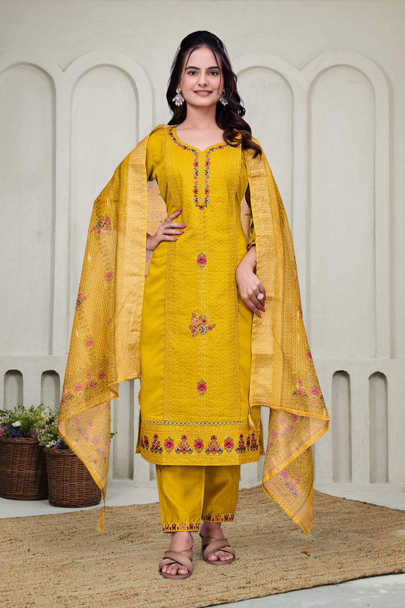 Yellow Chikankari Kantha Work Kurta With Pant & Duppta