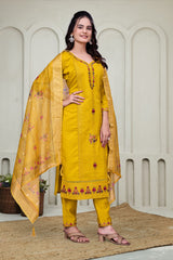 Yellow Chikankari Kantha Work Kurta With Pant & Duppta