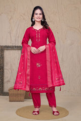 Pink Chikankari Kantha Work Kurta With Pant & Duppta