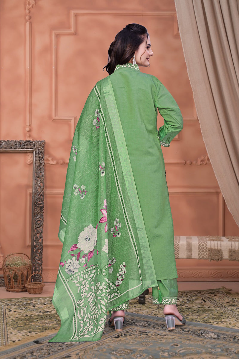 Green Floral Embroidery Salwar Suit Set With Matching Dupatta