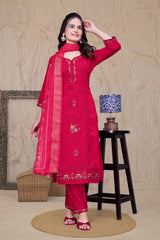 Pink Chikankari Kantha Work Kurta With Pant & Duppta