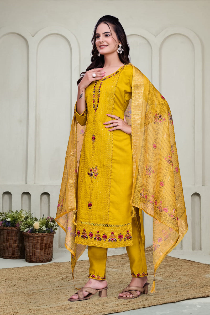 Yellow Chikankari Kantha Work Kurta With Pant & Duppta