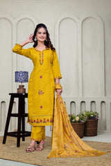 Yellow Chikankari Kantha Work Kurta With Pant & Duppta