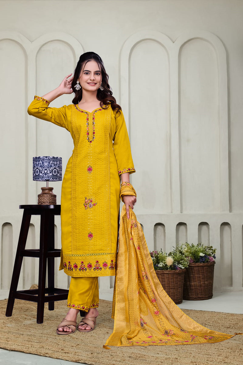 Yellow Chikankari Kantha Work Kurta With Pant & Duppta