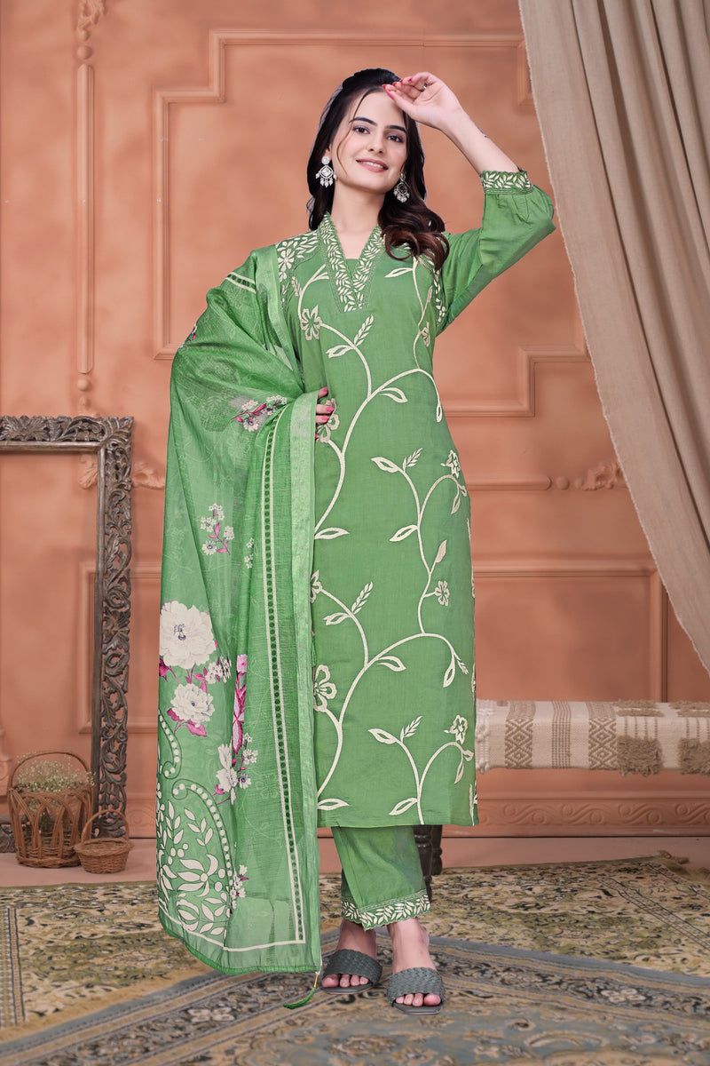 Green Floral Embroidery Salwar Suit Set With Matching Dupatta