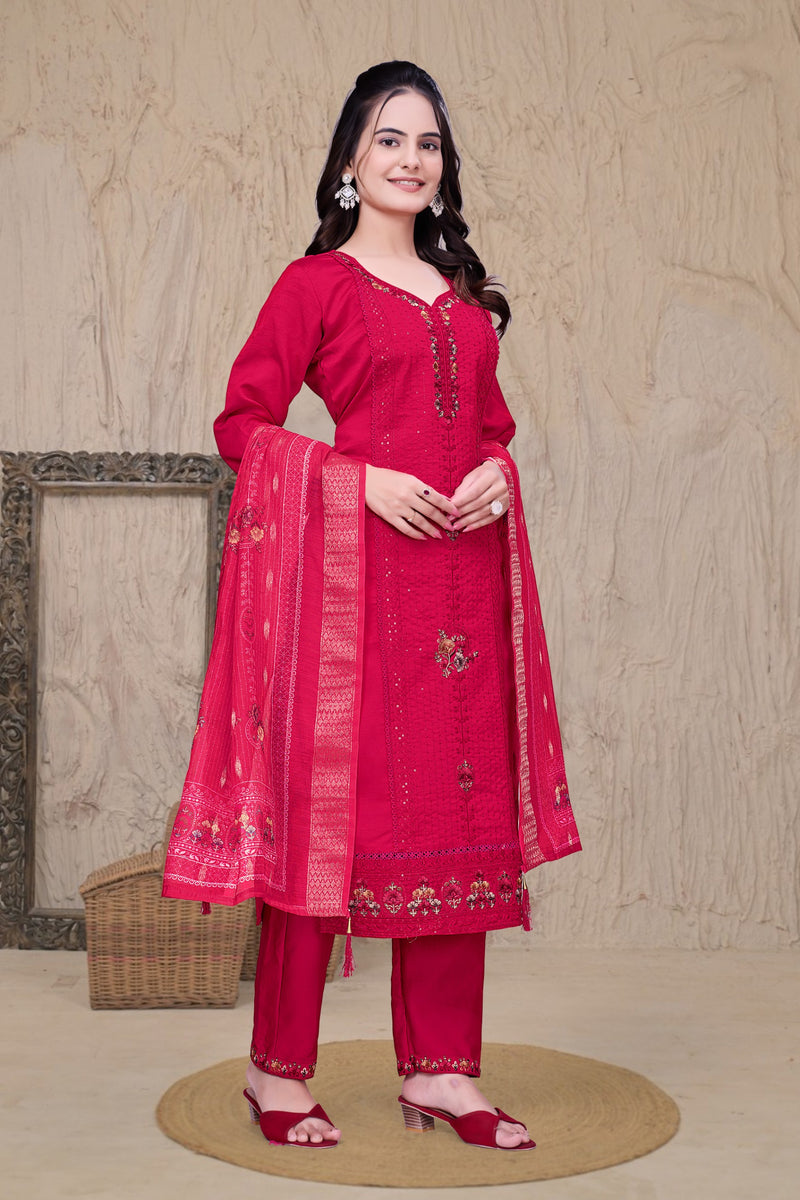 Pink Chikankari Kantha Work Kurta With Pant & Duppta