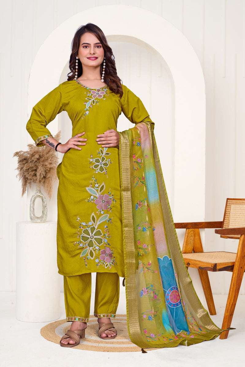 Floral Embroidered Kurta and Trouser Set in Olive Green with Contrast Dupatta