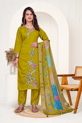 Floral Embroidered Kurta and Trouser Set in Olive Green with Contrast Dupatta