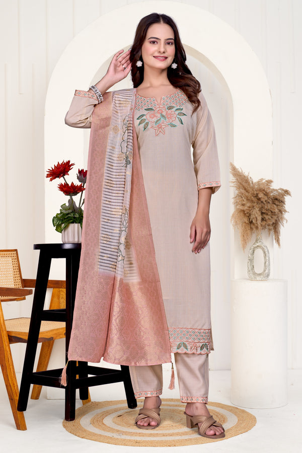 Elegant Beige Floral Embroidered Bits  Kurta Set with Jacquard-Style Dupatta
