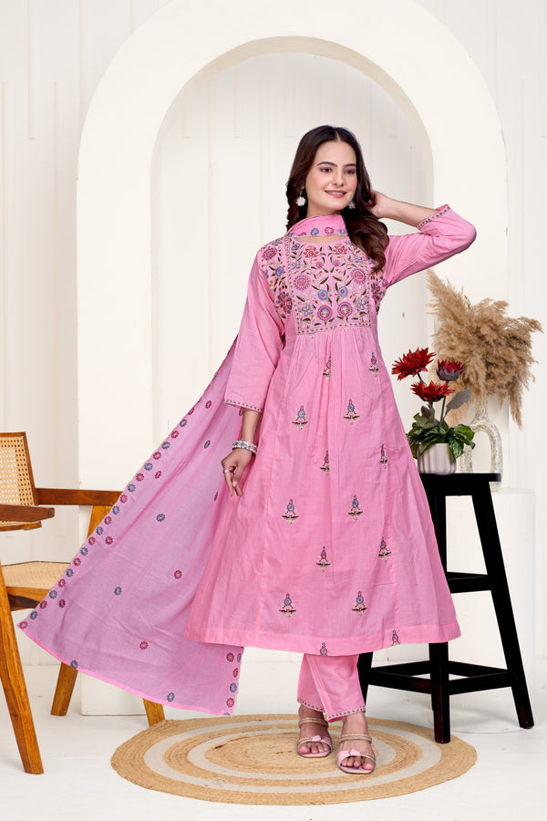 Designer Pink Embroidered A-Line Suit Set with Matching Dupatta
