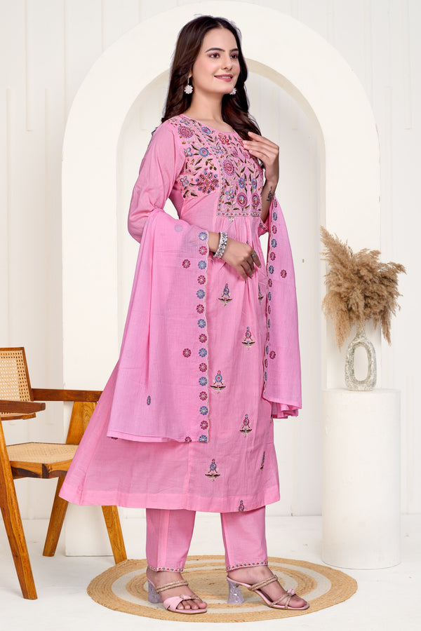 Designer Pink Embroidered A-Line Suit Set with Matching Dupatta