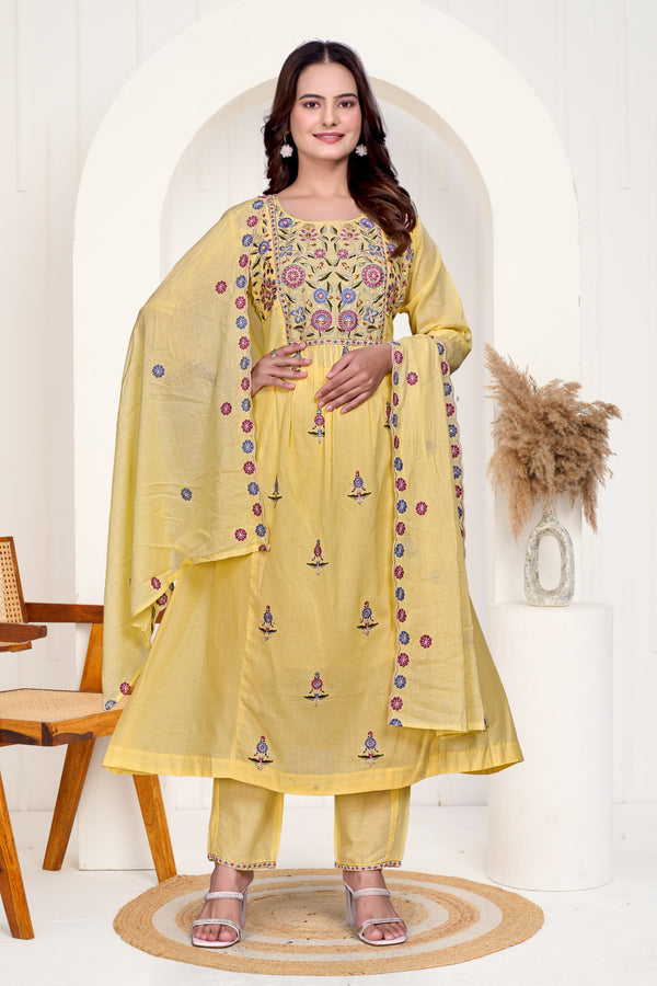 Designer Yellow Embroidered A-Line Suit Set with Matching Dupatta