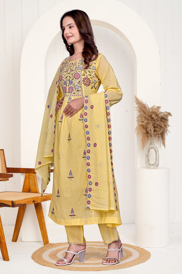 Designer Yellow Embroidered A-Line Suit Set with Matching Dupatta