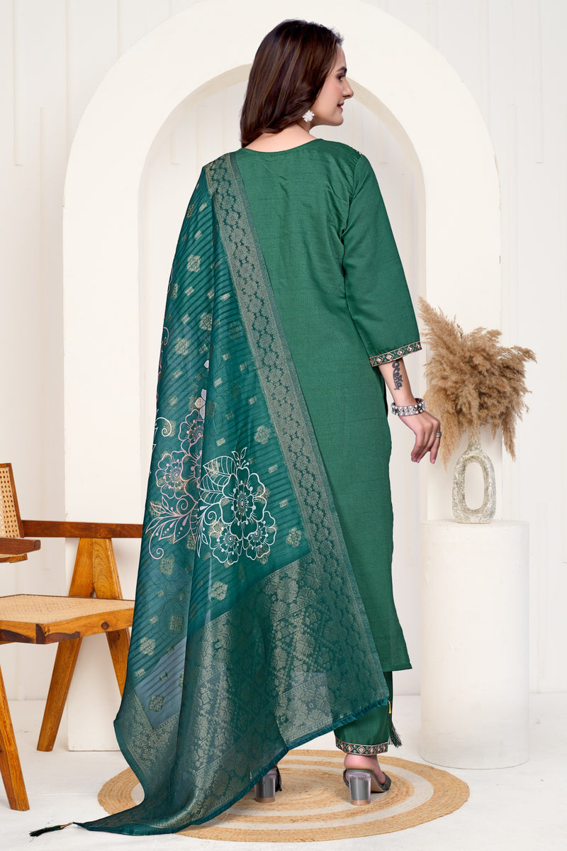 Designer Green Ethnic Suit Set with Intricate Neck Embroidery & Dupatta