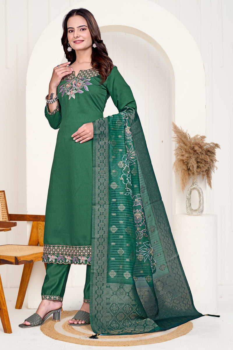 Designer Green Ethnic Suit Set with Intricate Neck Embroidery & Dupatta