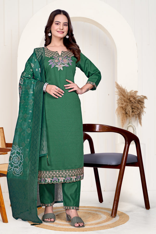 Designer Green Ethnic Suit Set with Intricate Neck Embroidery & Dupatta