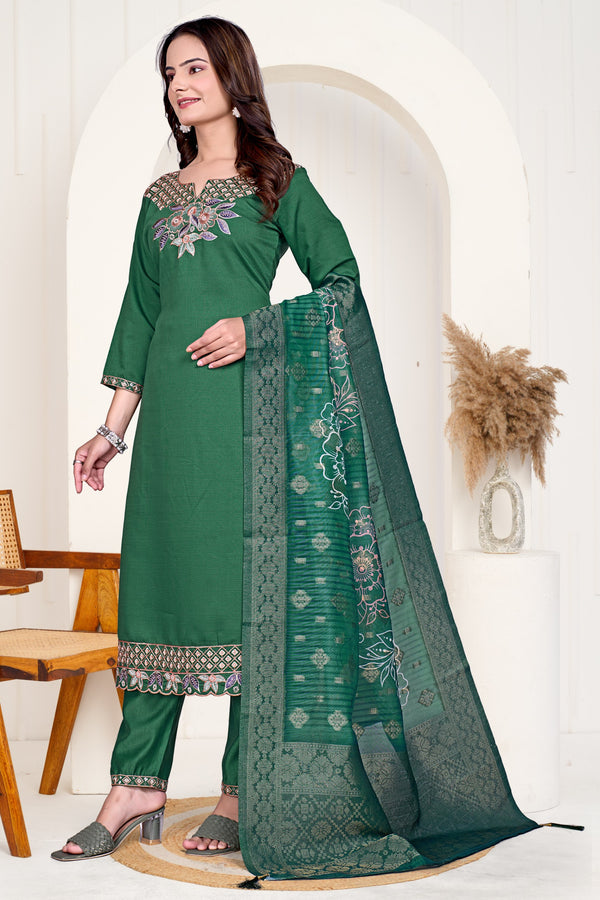 Designer Green Ethnic Suit Set with Intricate Neck Embroidery & Dupatta
