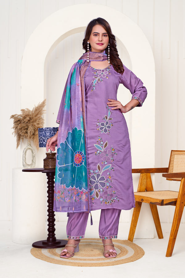 Designer Lavender Embroidered Lawn Suit with Colorful Dupatta