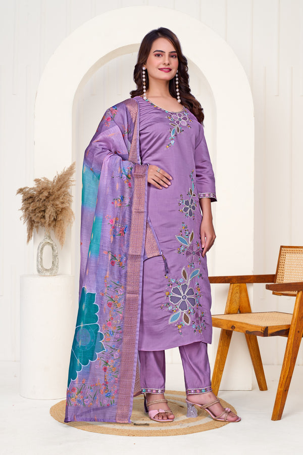 Designer Lavender Embroidered Lawn Suit with Colorful Dupatta