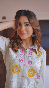 Cream Imported Co-ord Set Shirt & Pant with Hand-Embroidered Work