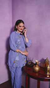 Sky Blue Imported Co-ord Set Shirt & Pant With Embroidered Work
