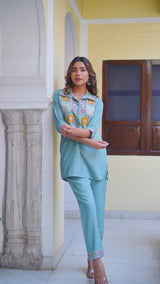 Sky Blue Imported Co-ord Set Shirt & Pant with Hand-Embroidered Work